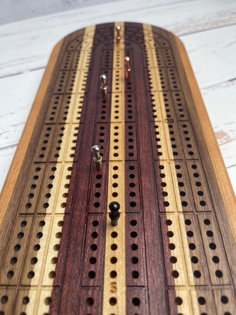 Cribbage board - cherry, walnut, maple, purple heart and a narrow maple center