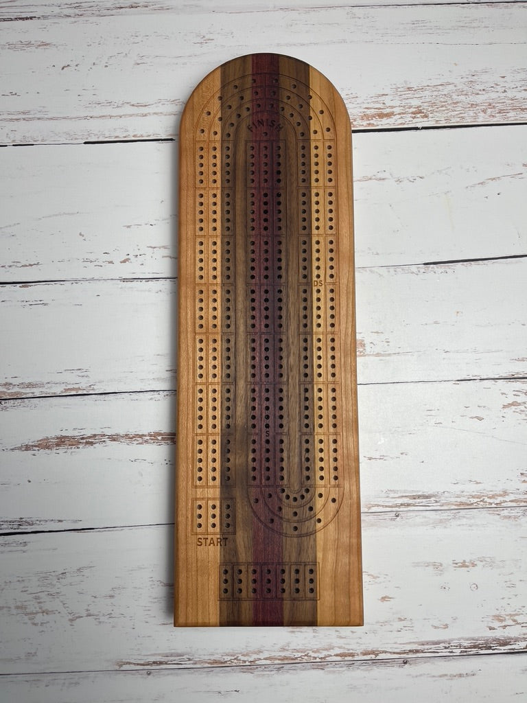 Cribbage board - cherry, walnut and purple heart center