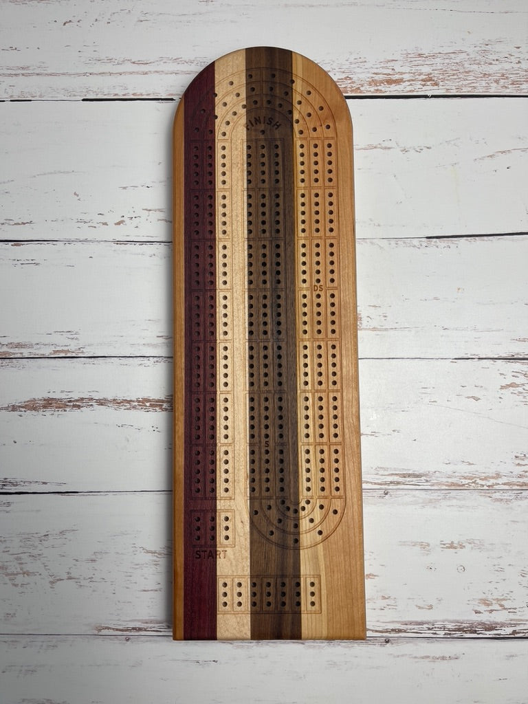 Cribbage board - cherry, purple heart, maple, walnut and cherry, in an asymmetrical layout