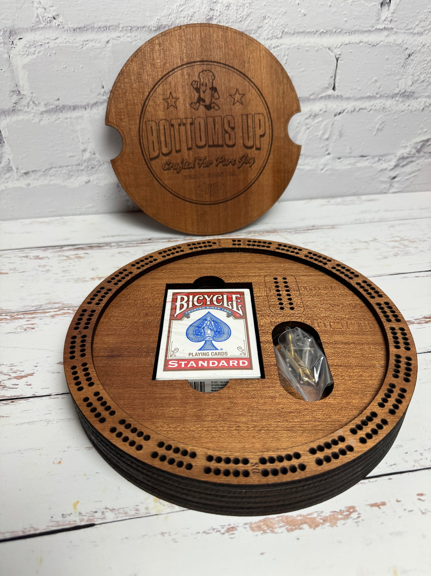 Custom 2 Track Round Cribbage Board - Custom logo and lid design