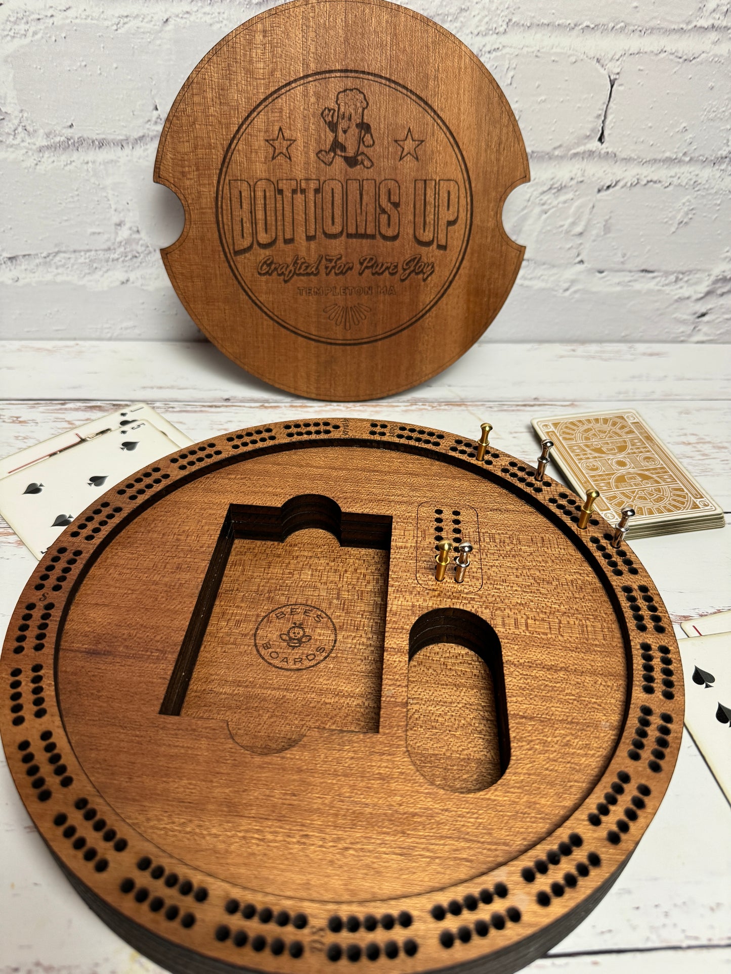 Custom 2 Track Round Cribbage Board - Custom logo and lid design