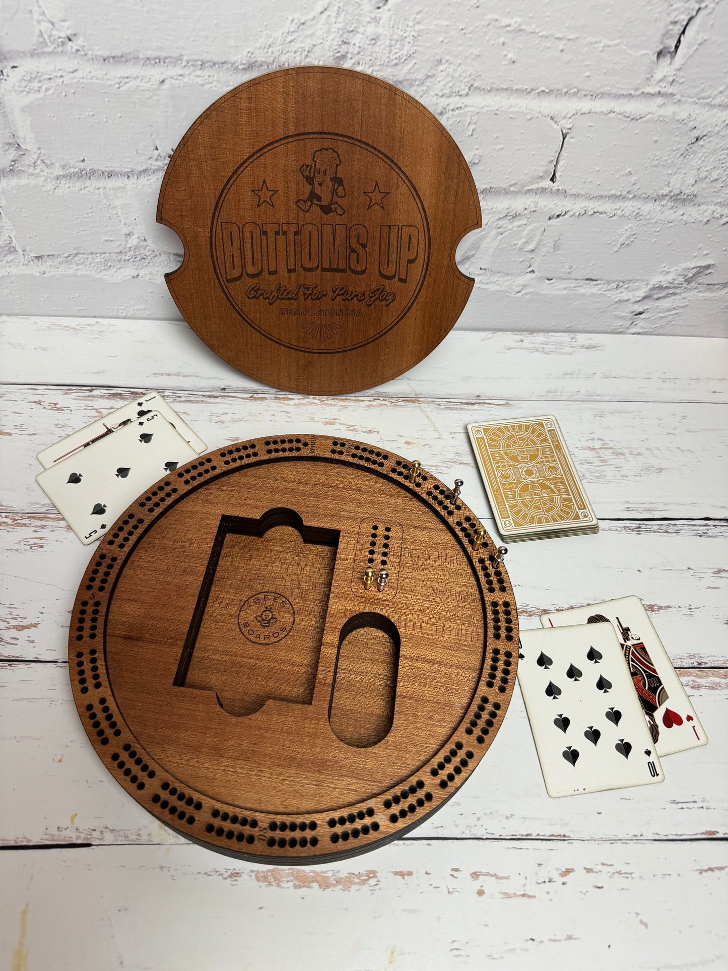 Custom 2 Track Round Cribbage Board - Custom logo and lid design