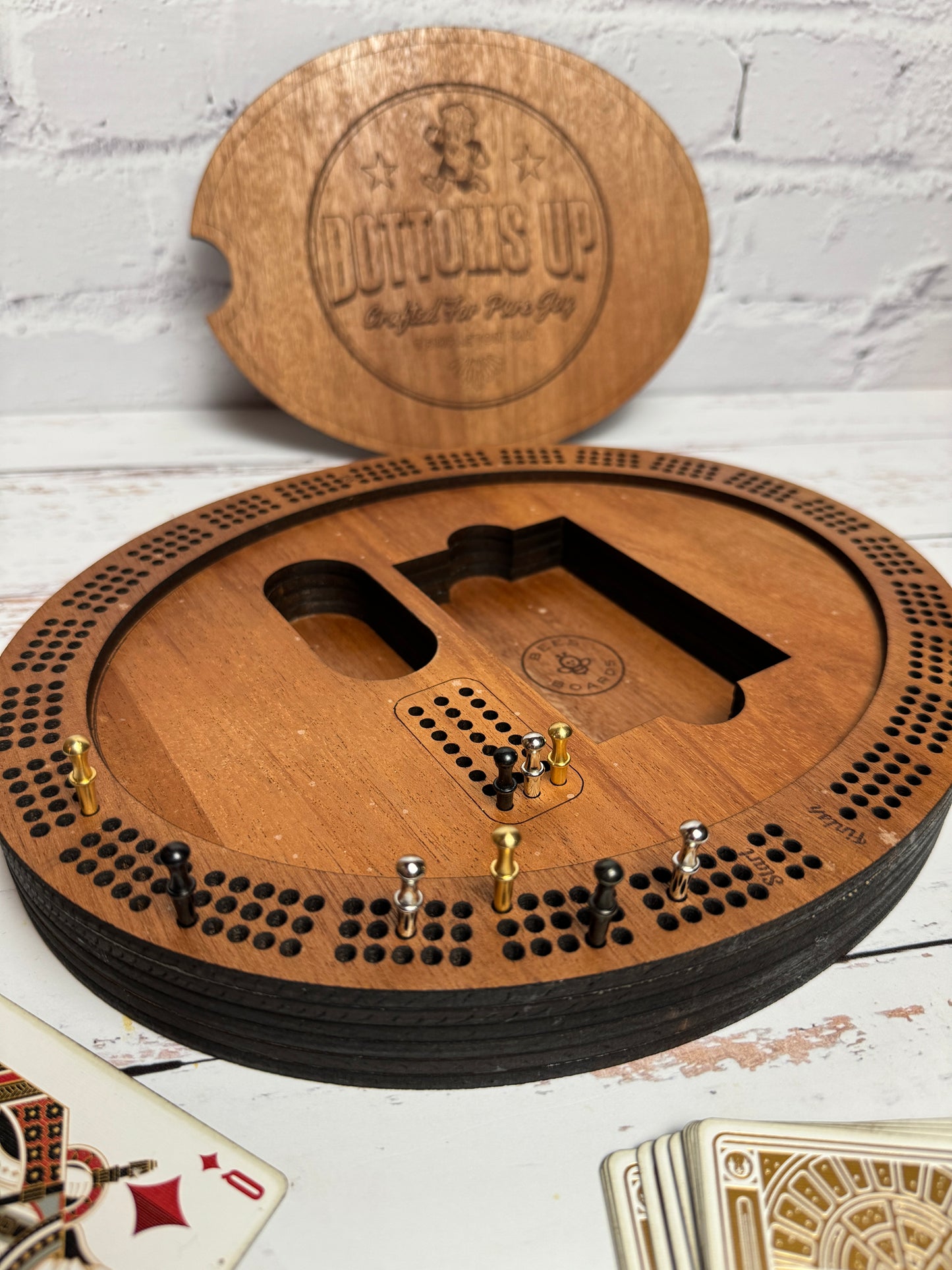 Custom 3 Track Oval Cribbage Board - Custom logo and lid design
