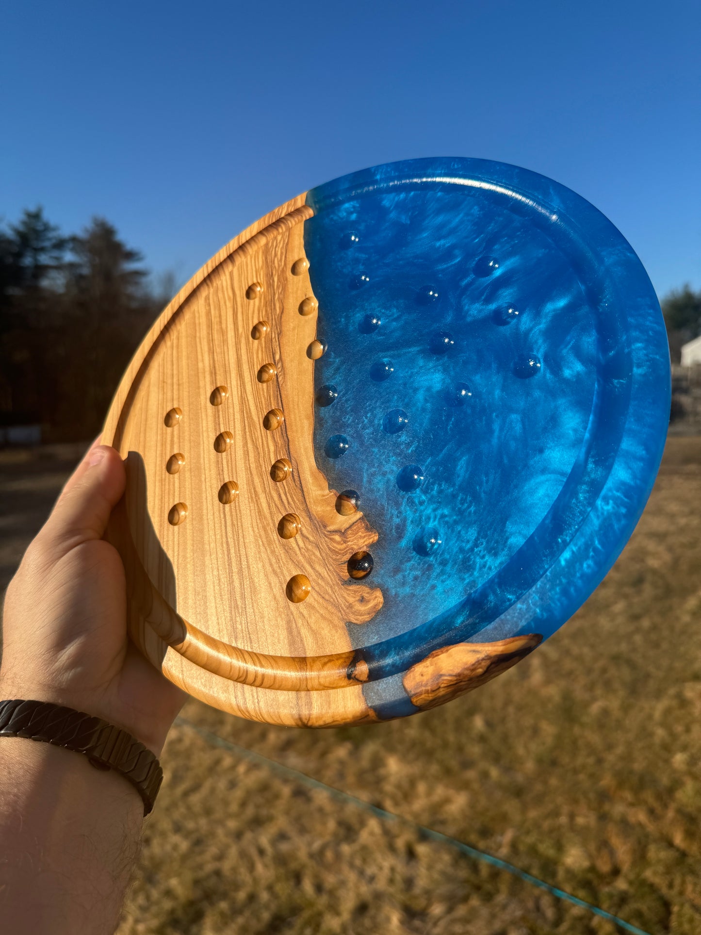 Deluxe Solitaire Board - Olive wood and blue resin