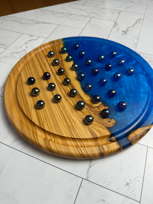 Deluxe Solitaire Board - Olive wood and blue resin