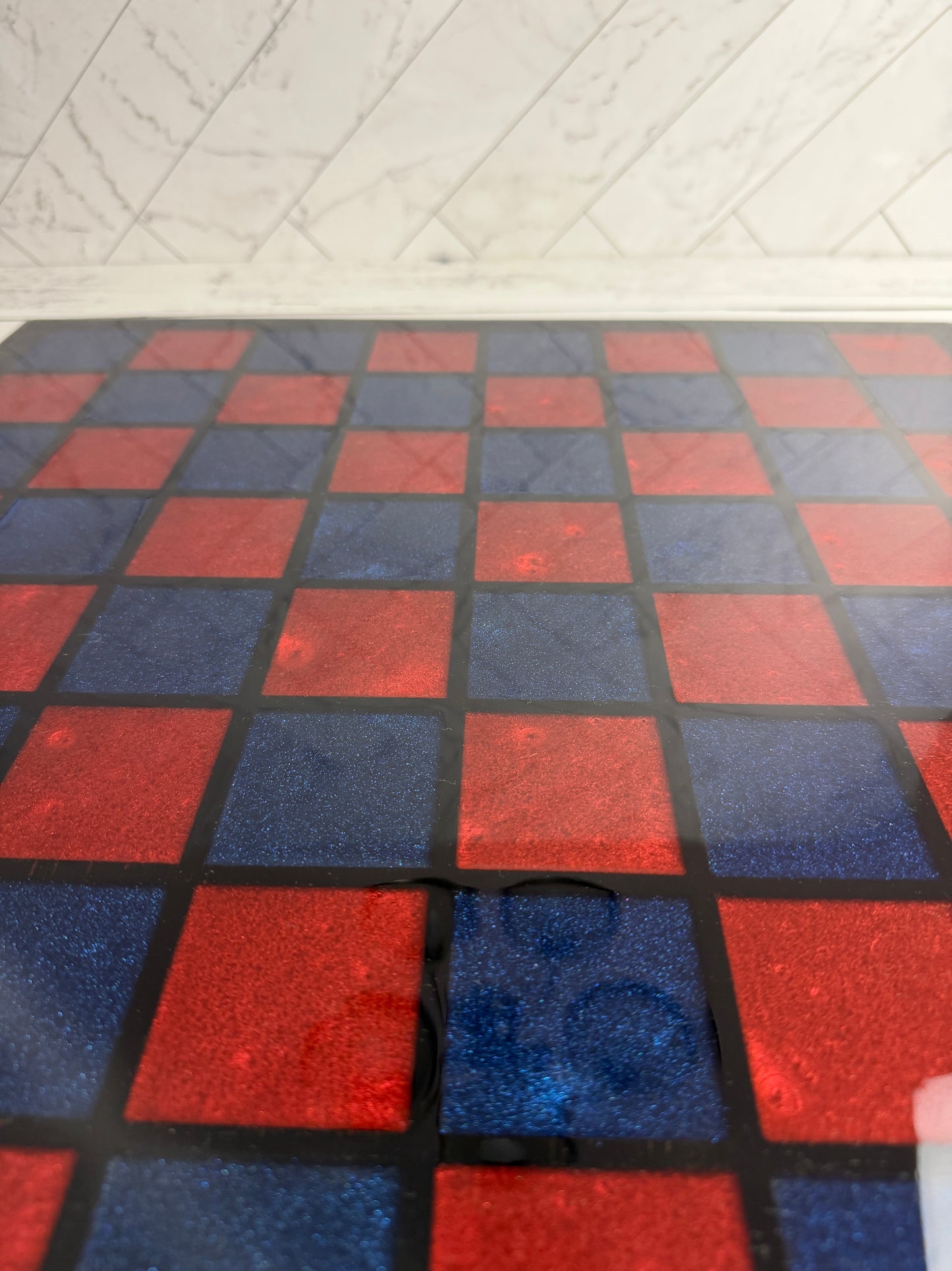 Handcrafted checkerboard chess board with red and blue glitter epoxy resin inlay squares — Bees Boards