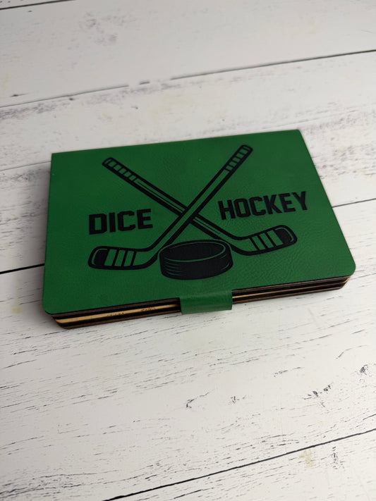 Green leather-wrapped maple Dice Hockey travel game with laser-engraved hockey sticks and puck, magnetic closure — Bees Boards