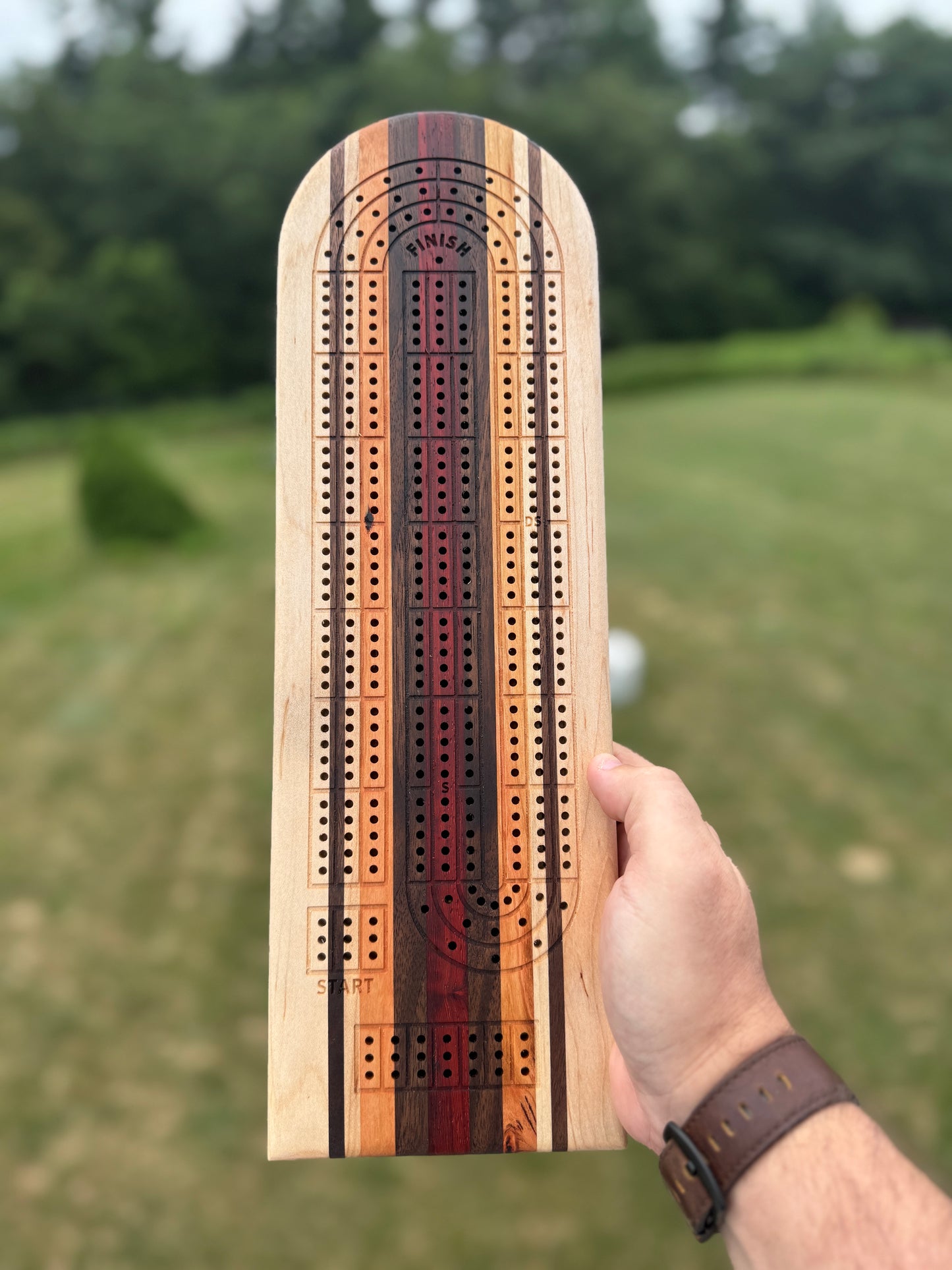 Paperclip shaped cribbage layout. Board is striped with the following woods are (left to right) maple, walnut, maple, cherry, walnut, padouk, walnut, cherry, maple, walnut and maple. Background is grass and trees.