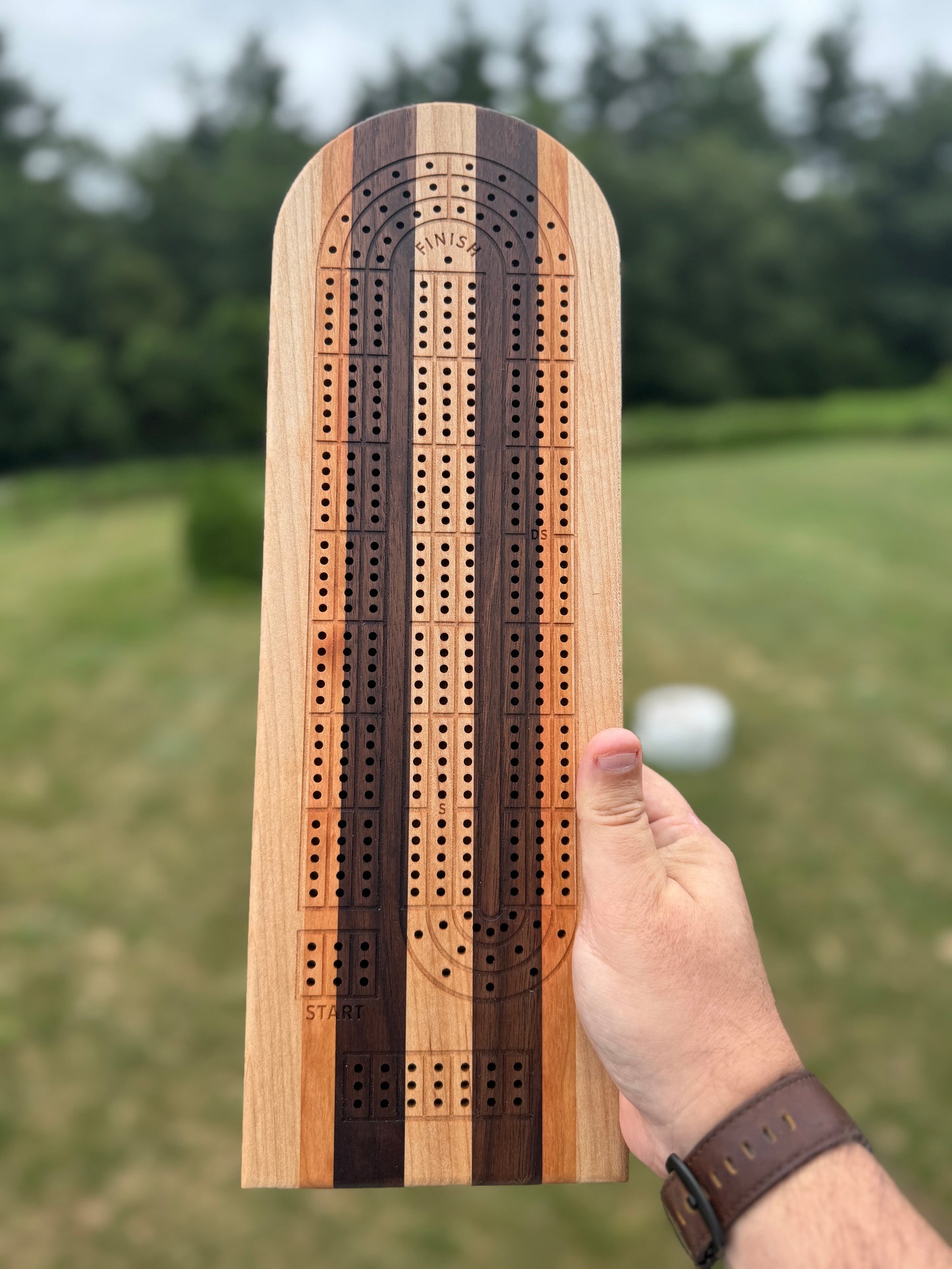 Wooden cribbage board held by a hand with a blurred green outdoor background. Woods are maple, cherry, walnut, maple, walnut, cherry, maple (left to right).