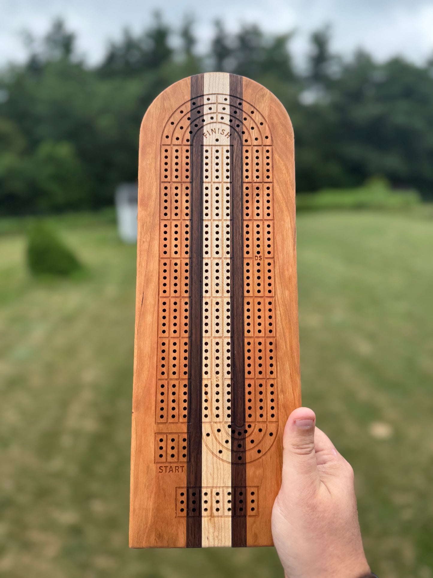 Wooden cribbage board held by a hand with a blurred green outdoor background. Woods are cherry, walnut, maple, walnut, cherry (left to right).