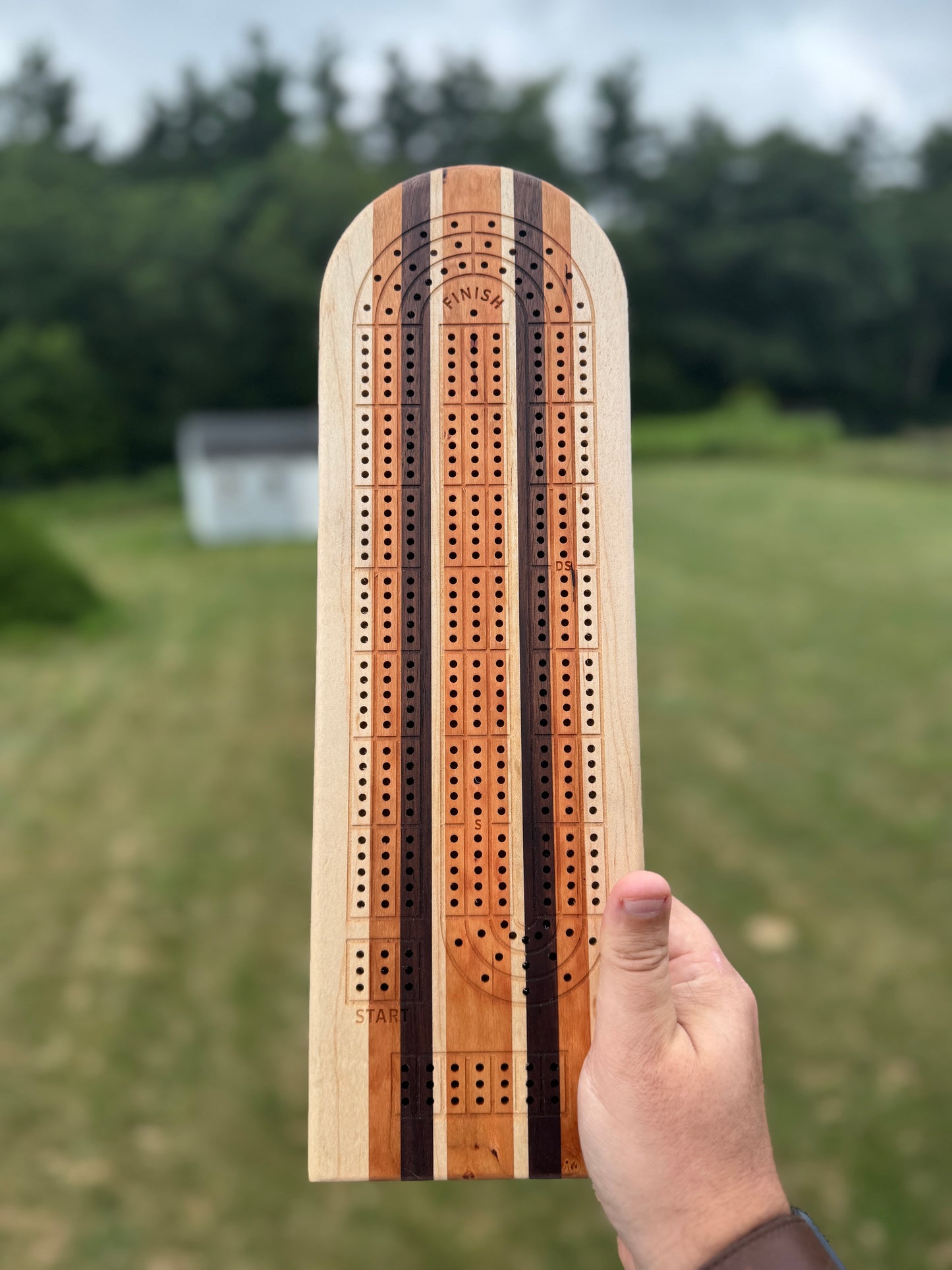 Wooden cribbage board held by a hand with a blurred green outdoor background. Woods are maple, cherry, walnut, cherry, maple, cherry, maple, walnut, cherry, maple (left to right).