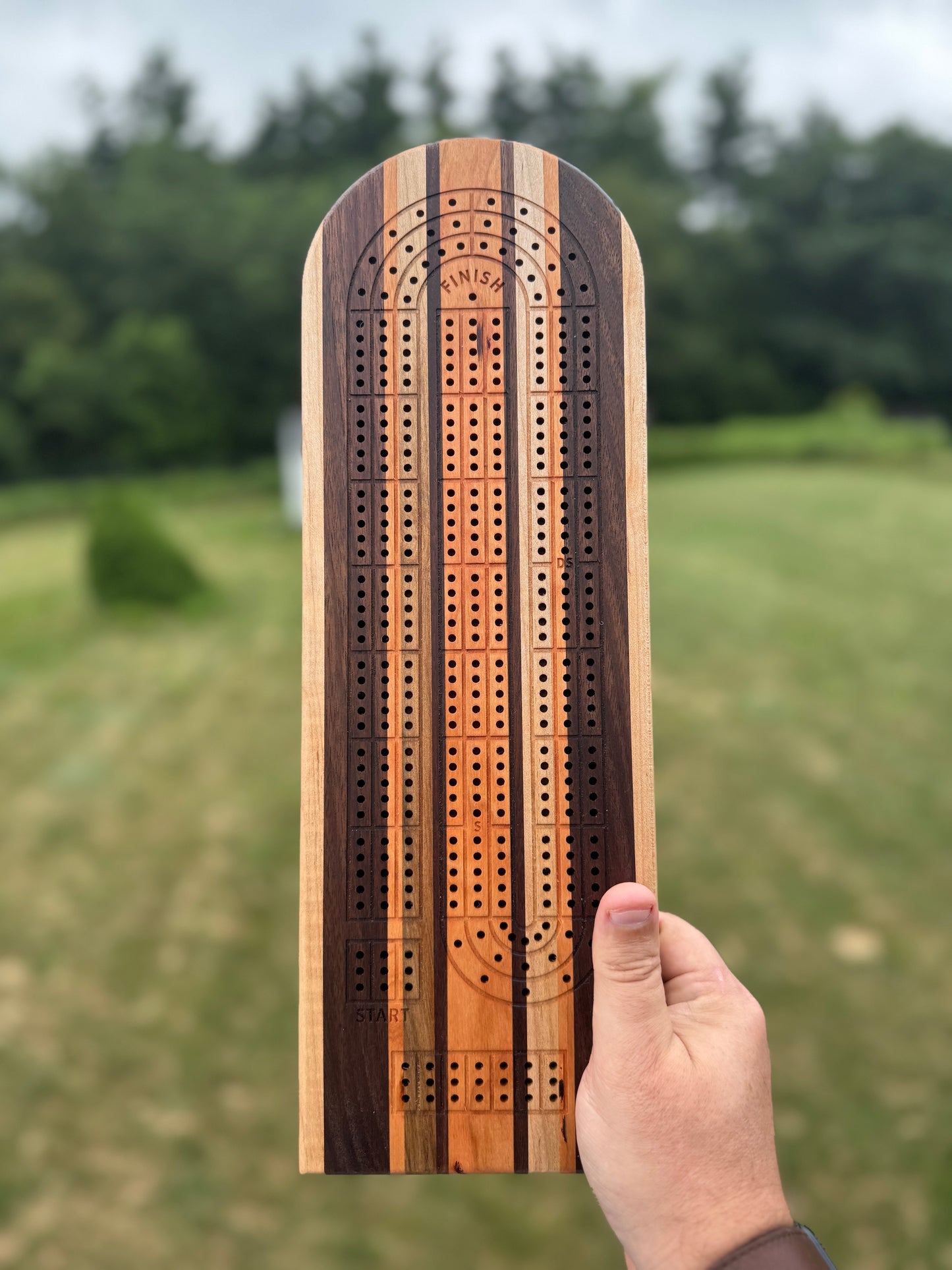 Wooden cribbage board held by a hand with a blurred green outdoor background.