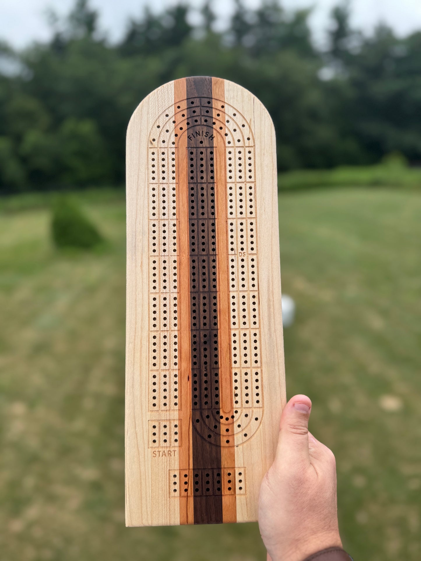 Wooden cribbage board held by a hand with a blurred green outdoor background. Woods are maple, cherry, walnut, cherry, maple (left to right).