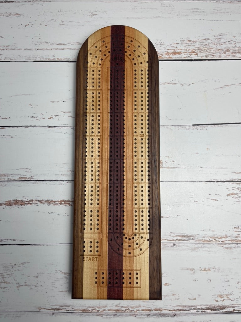 Cribbage board - Walnut, maple, cherry and a purple heart center