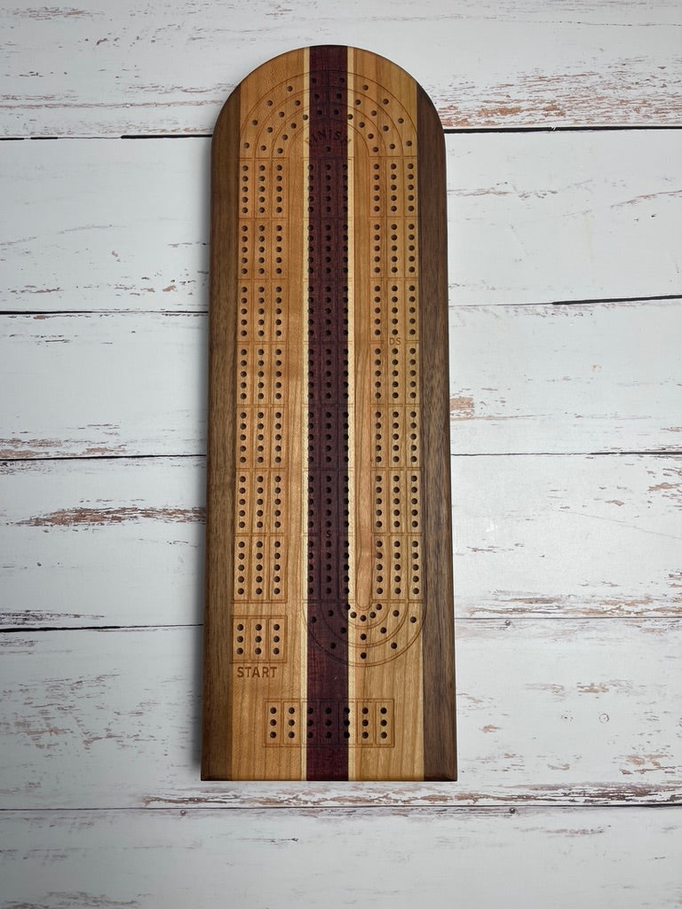 Cribbage board - walnut, cherry, maple and a purple heart center