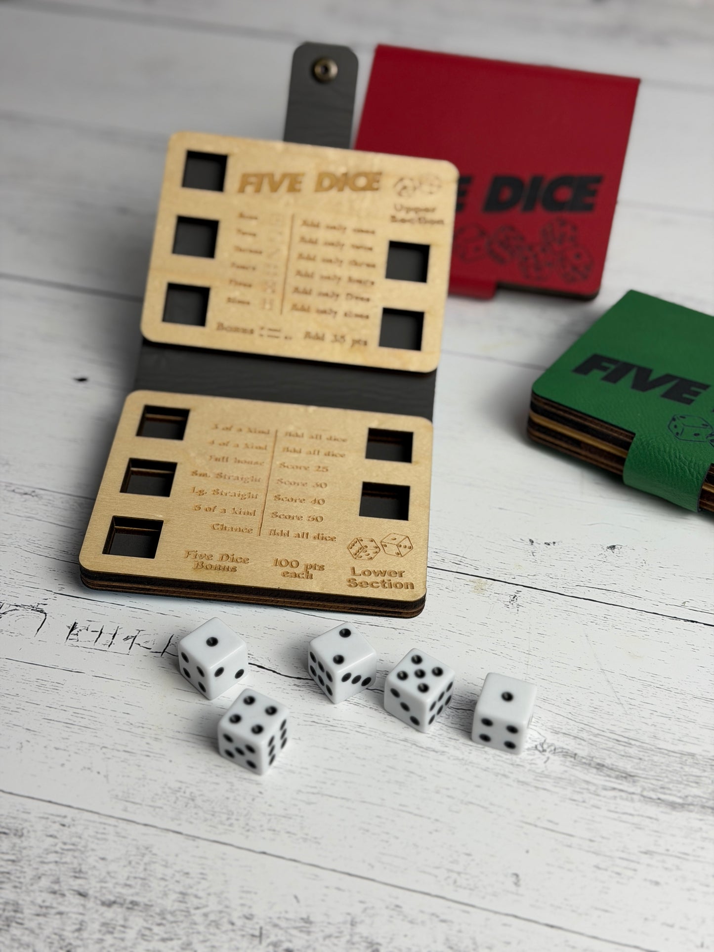 Five Dice Dice Game – Portable Maple & Leatherette Yahtzee-Style Travel Game