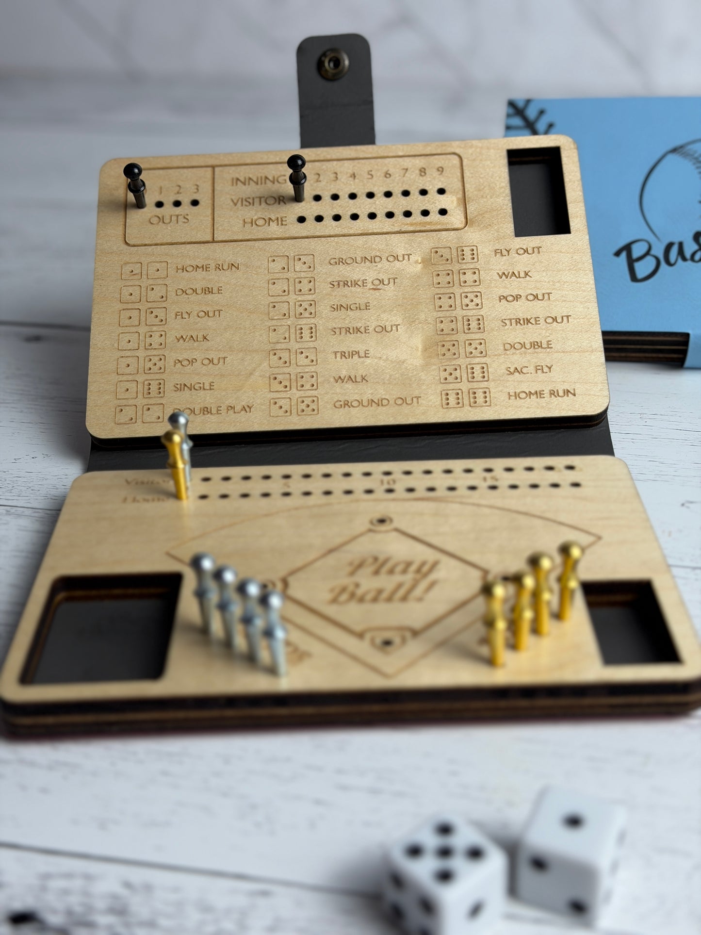 Dice Baseball Game – Maple & Leatherette Folding Dice Game with Metal Pegs