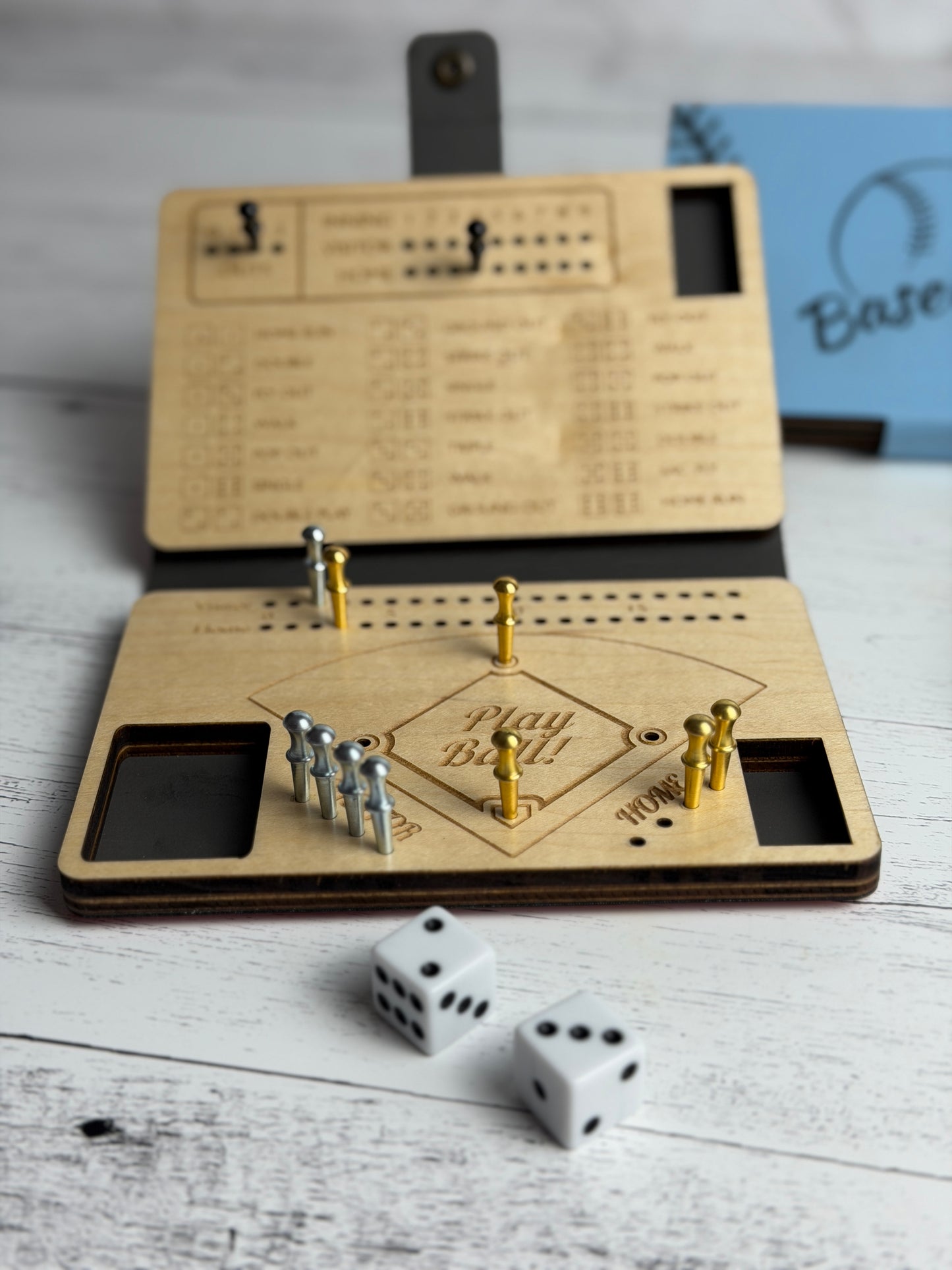 Dice Baseball Game – Maple & Leatherette Folding Dice Game with Metal Pegs