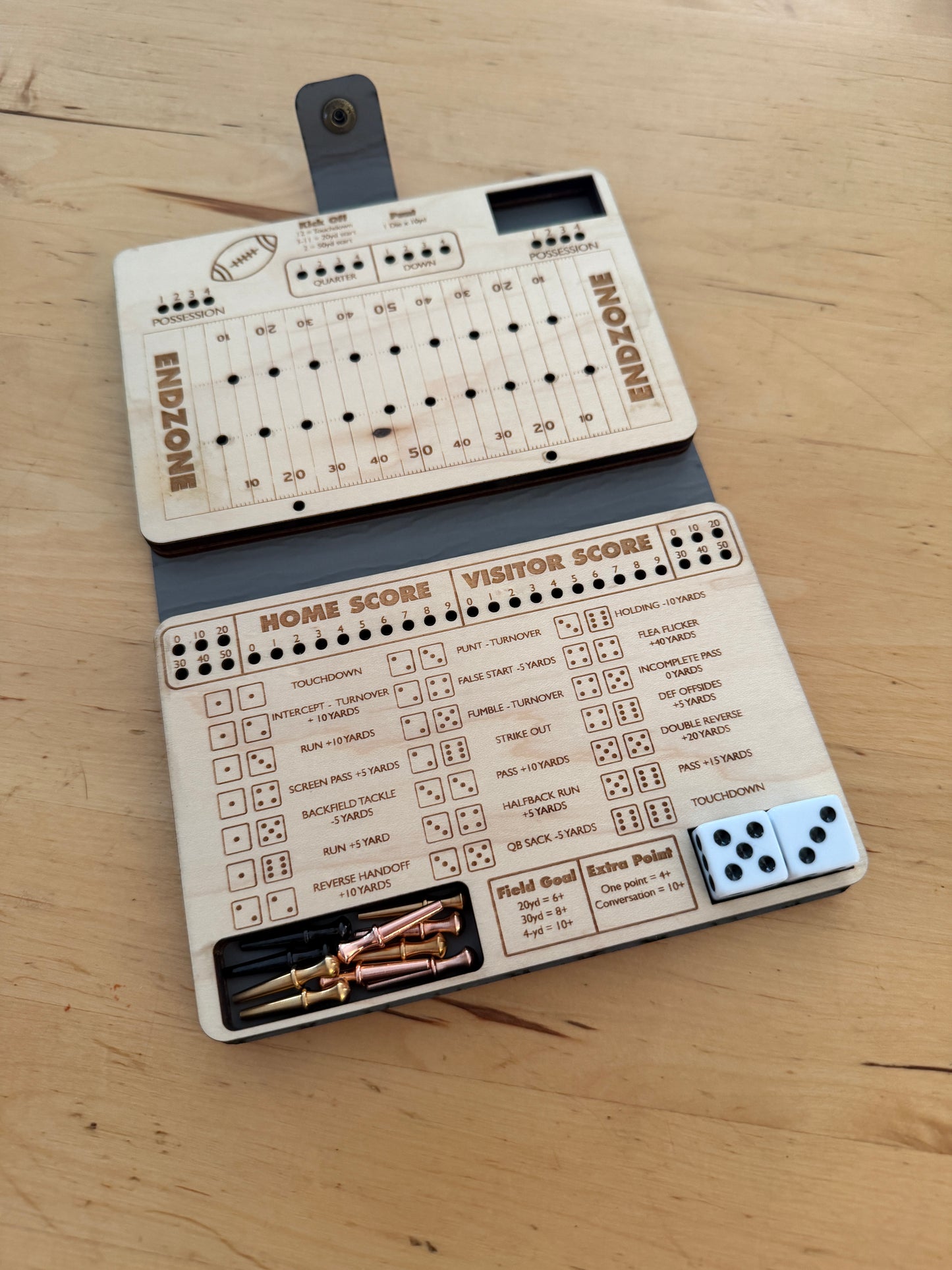Dice Football Game – Maple & Leatherette Folding Dice Game with Metal Pegs