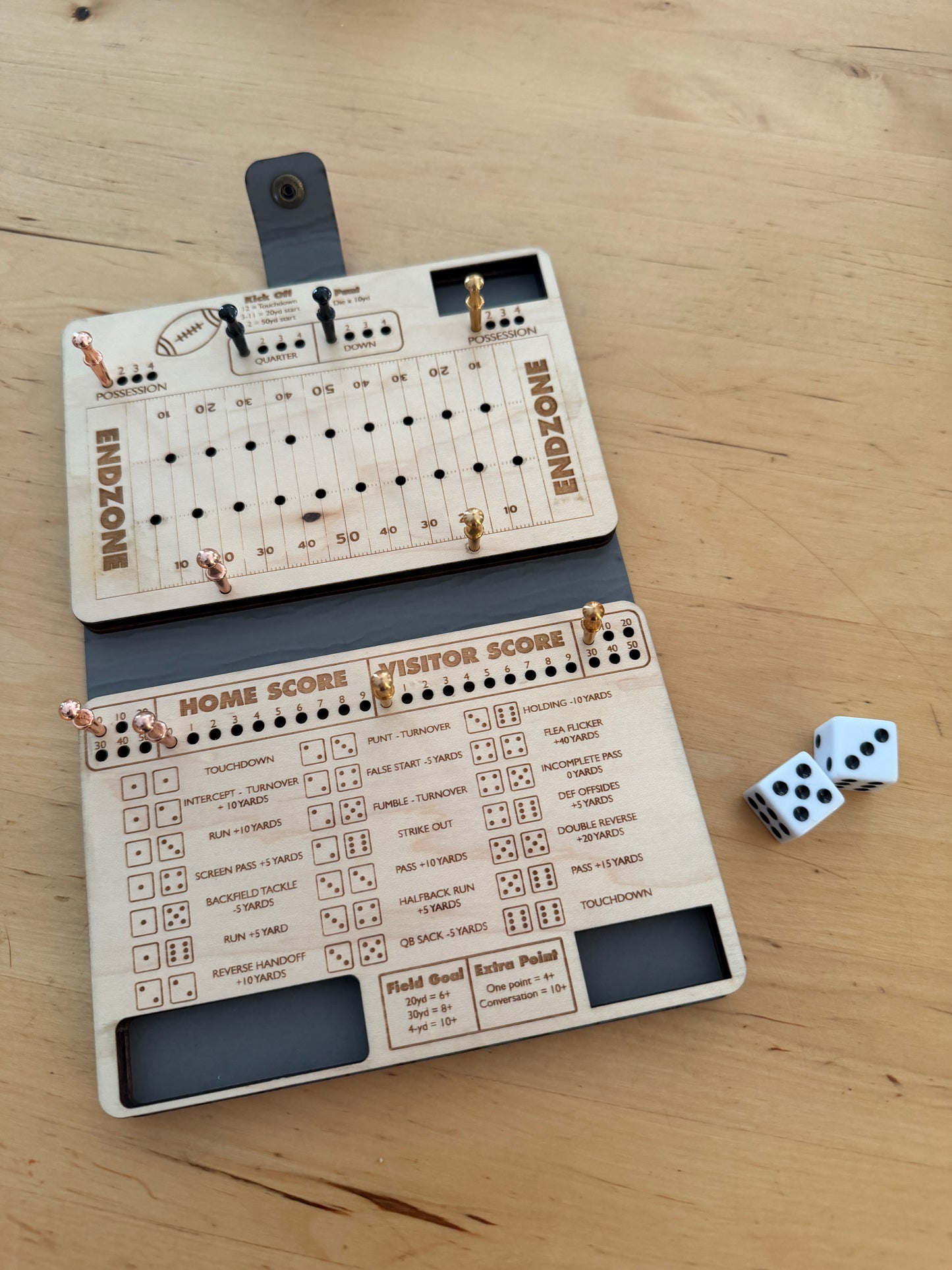 Dice Football Game – Maple & Leatherette Folding Dice Game with Metal Pegs