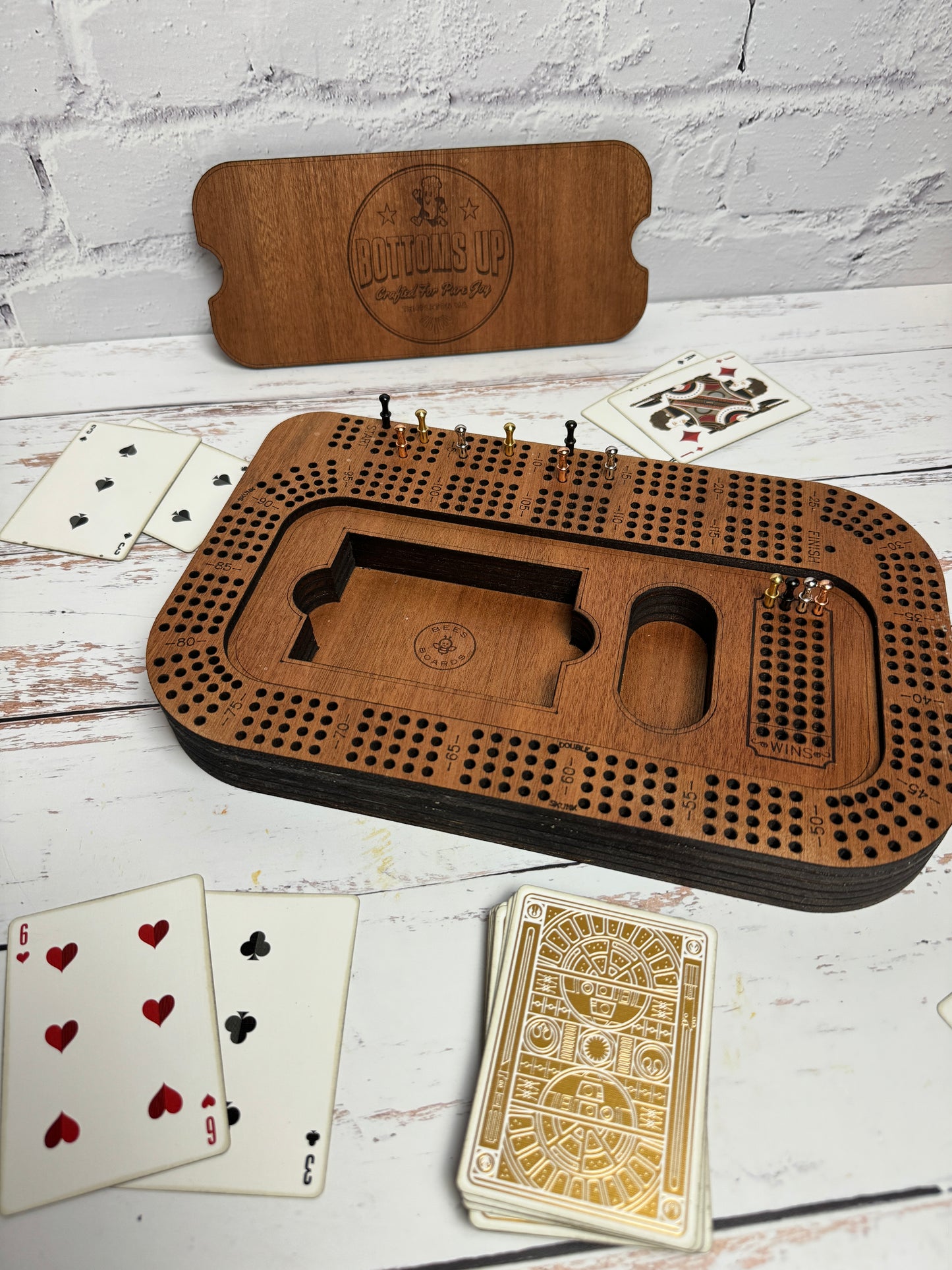 Custom 4 Track Rectangular Cribbage Board - Custom logo and lid design