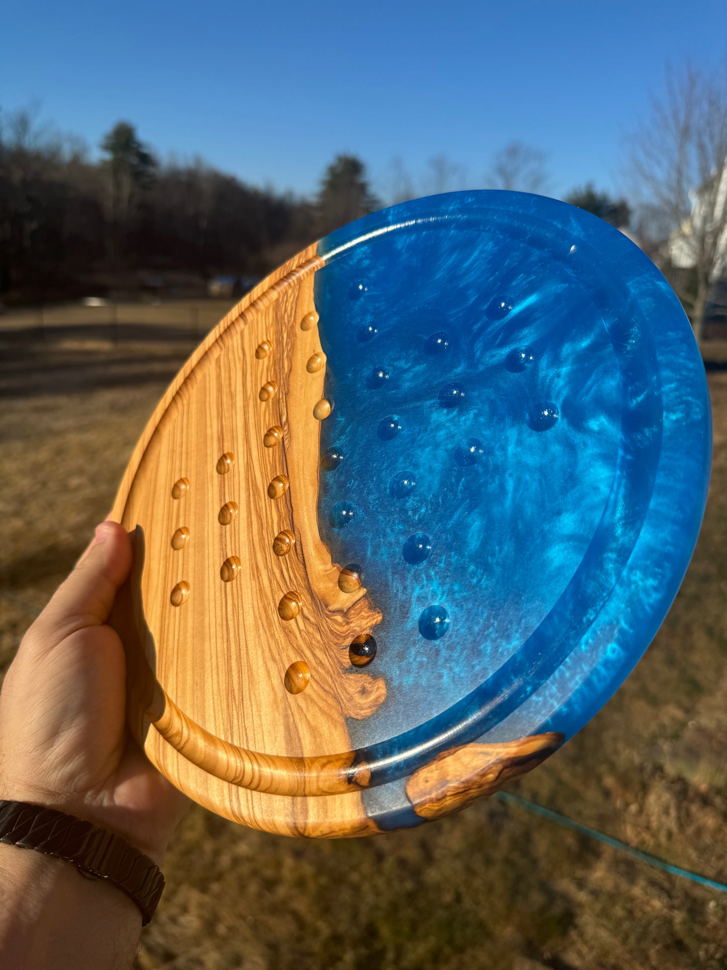 Deluxe Solitaire Board - Olive wood and blue resin