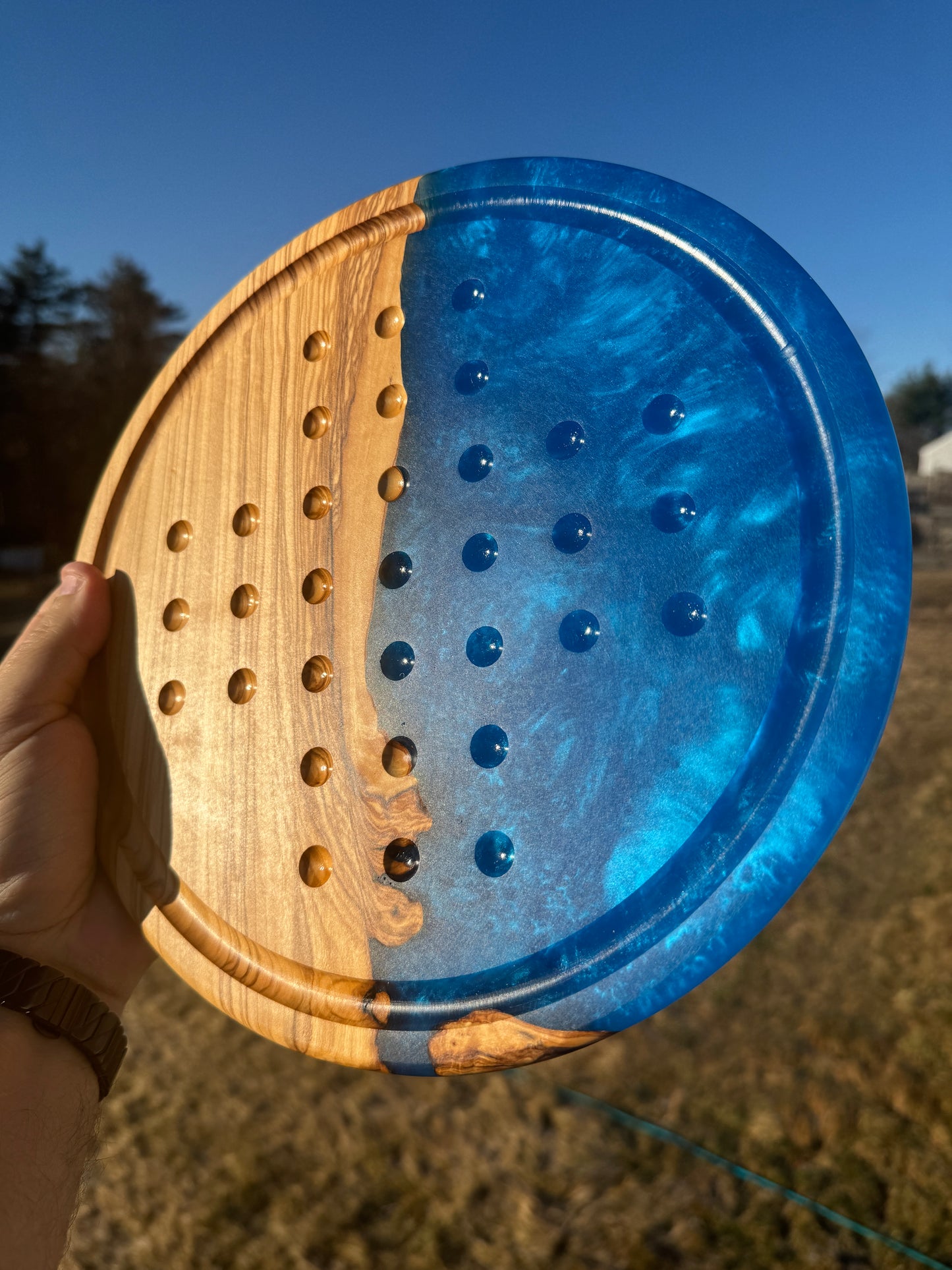 Deluxe Solitaire Board - Olive wood and blue resin