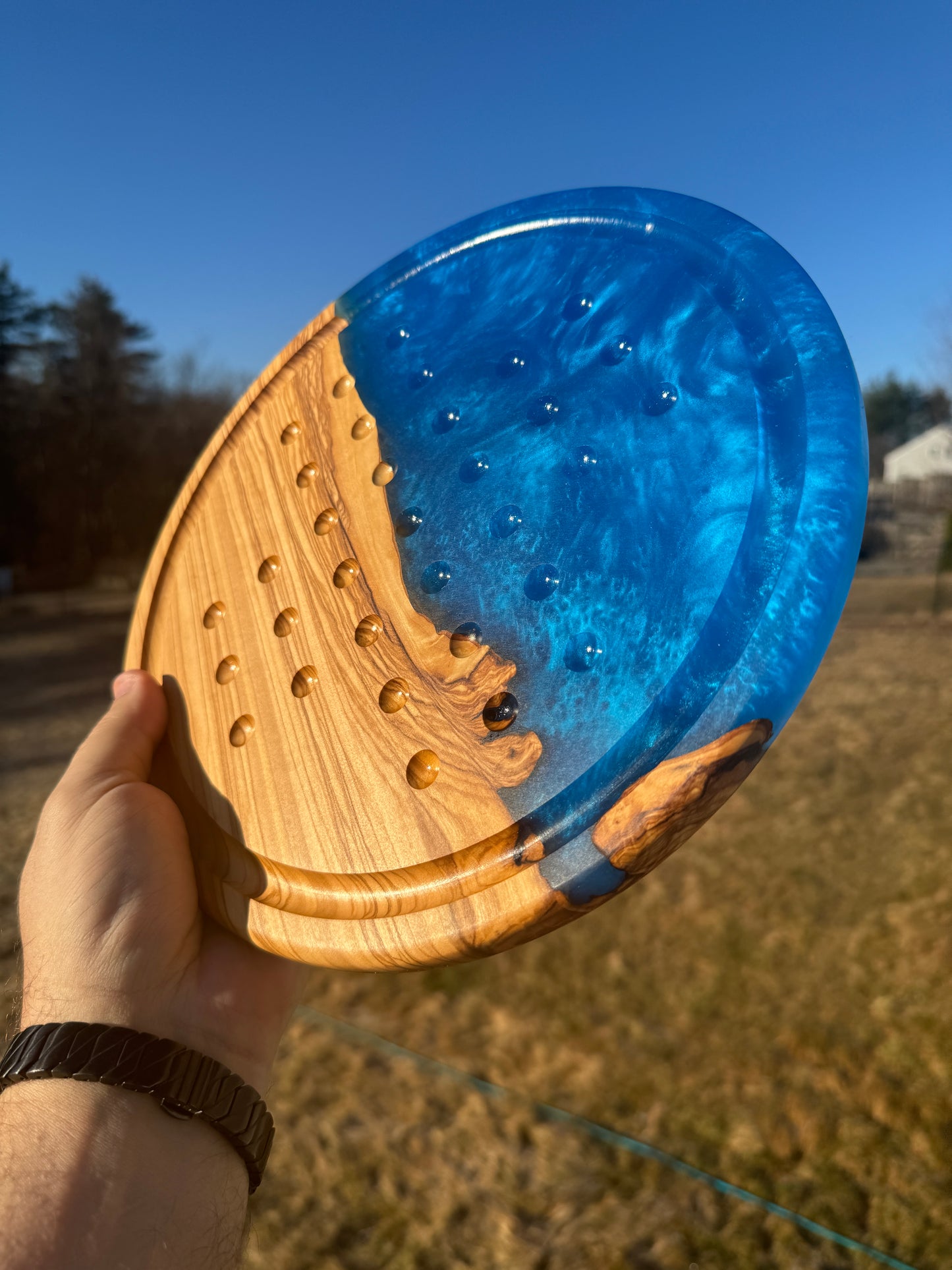 Deluxe Solitaire Board - Olive wood and blue resin