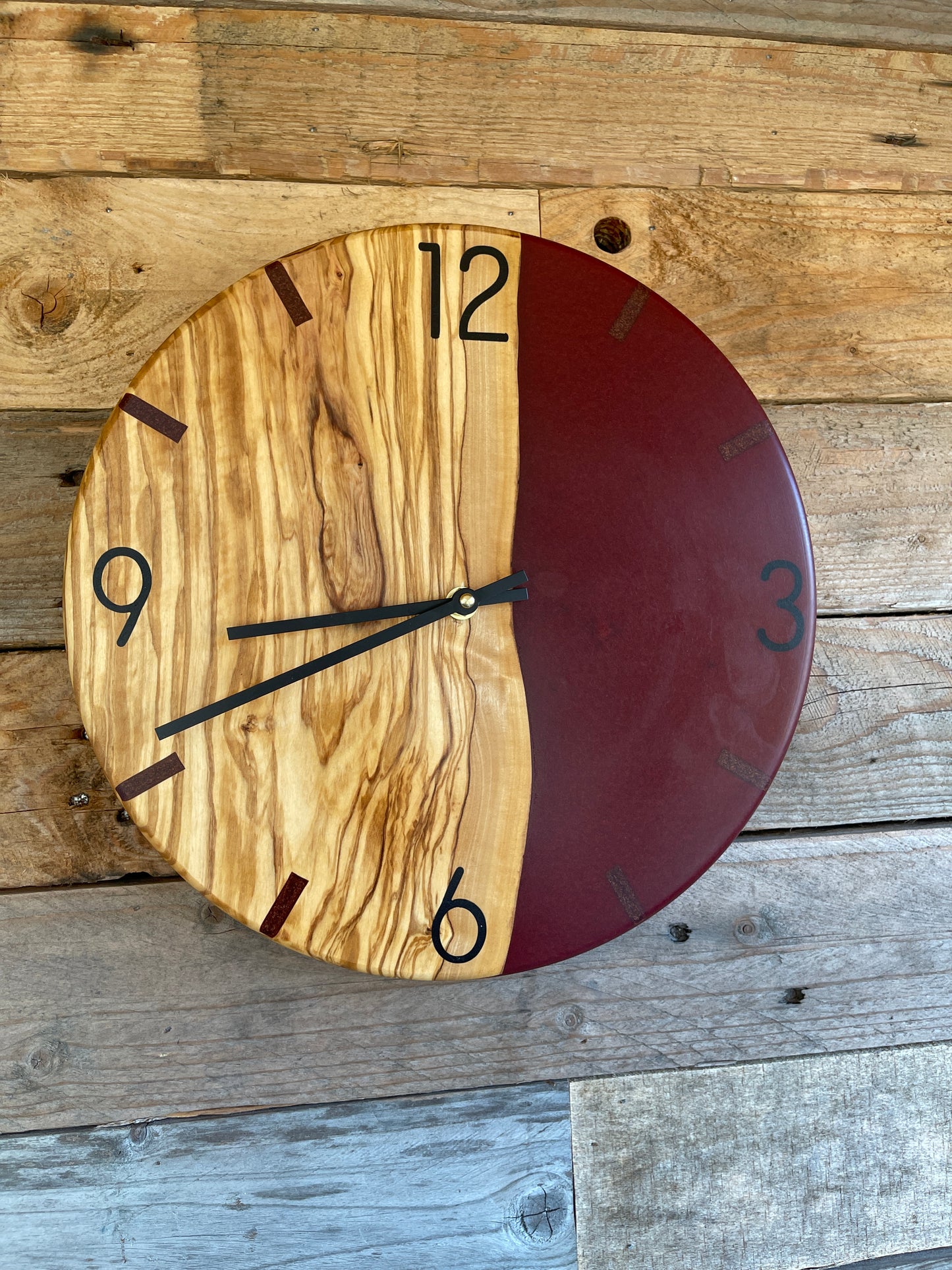 Olive wood and red resin 12" clock