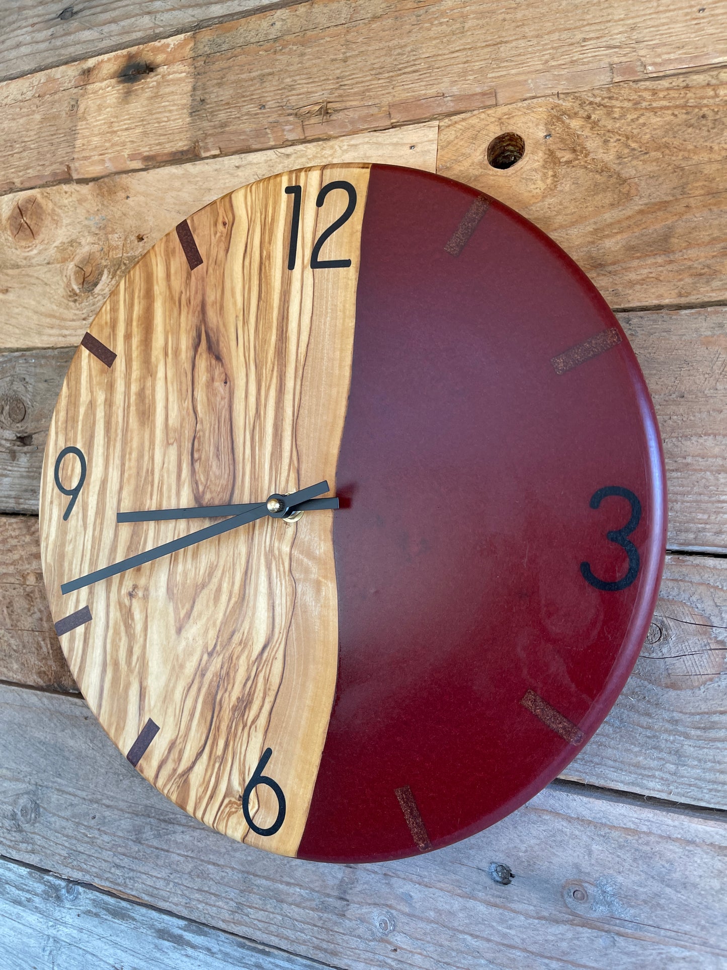 Olive wood and red resin 12" clock