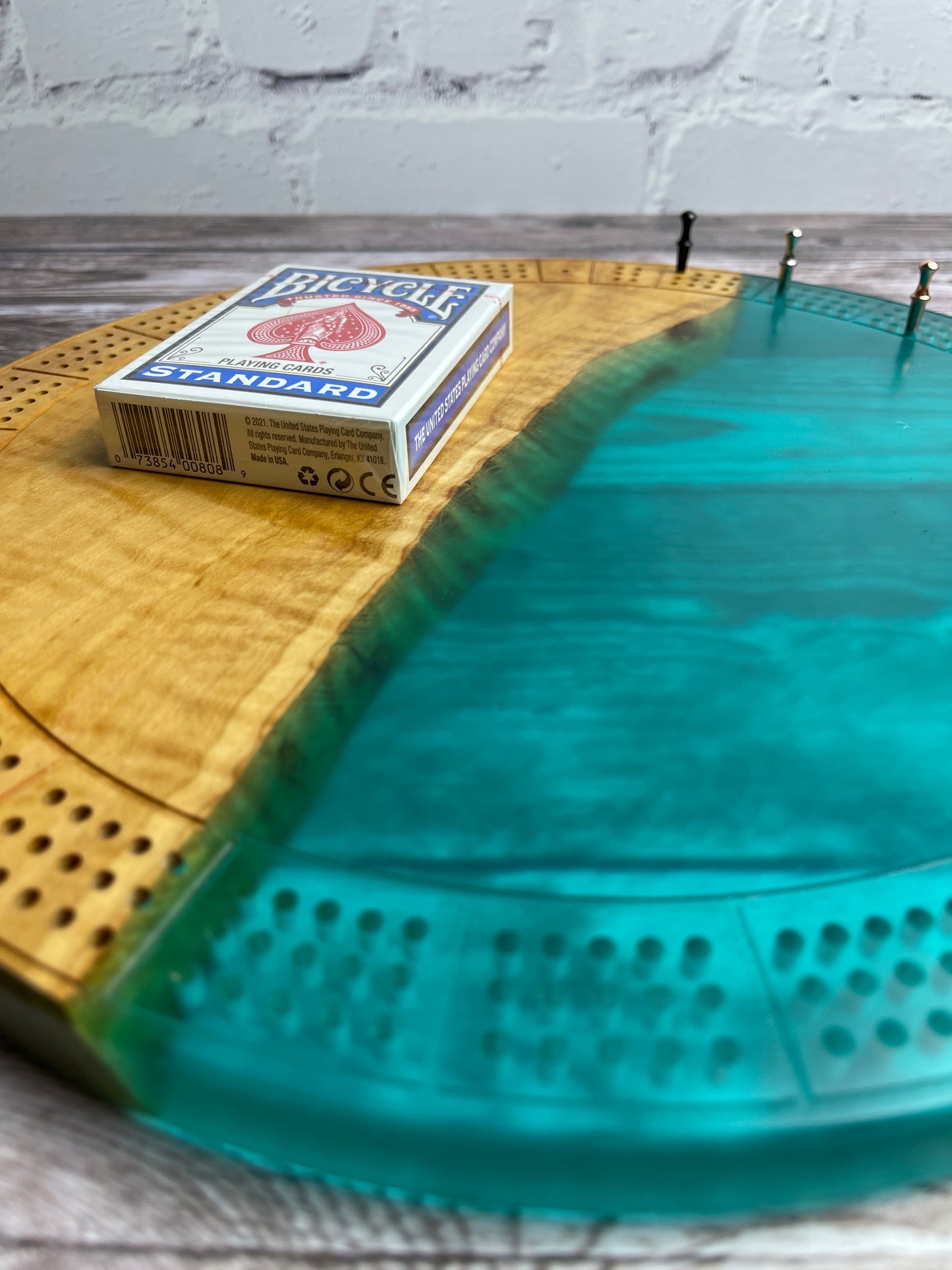 Cribbage board - Olive wood and cerulean blue semi-transparent resin